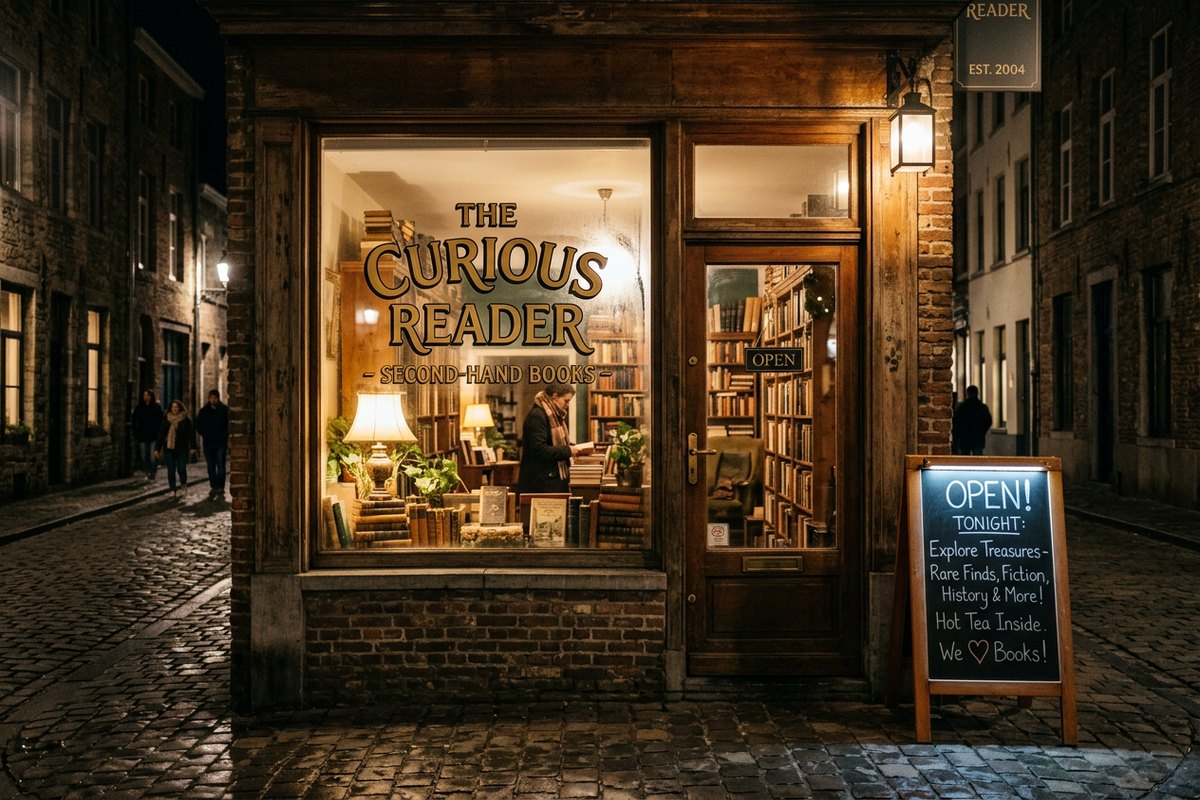 A lit second-hand bookshop on a cobbled street at night, its name painted across the window and a chalkboard outside