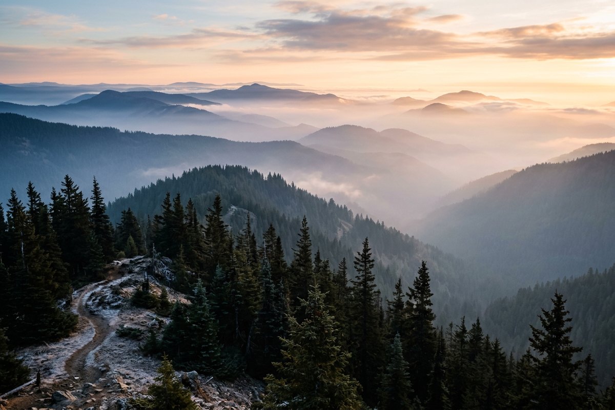Layered forested ridges fading into mist at first light, pines in the foreground