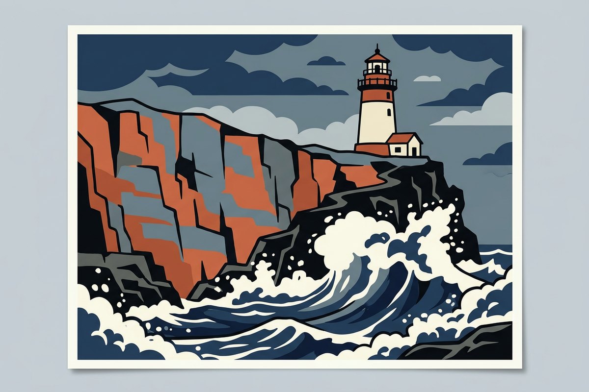 A flat-colour illustration of a red and white lighthouse above breaking surf, shown as a bordered print