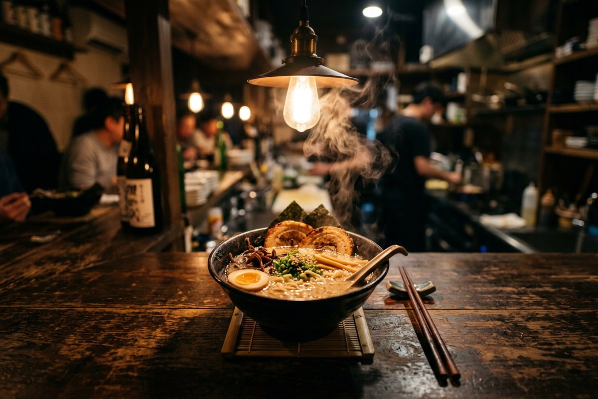 A steaming bowl of ramen on a dark wooden counter under a row of warm hanging lamps