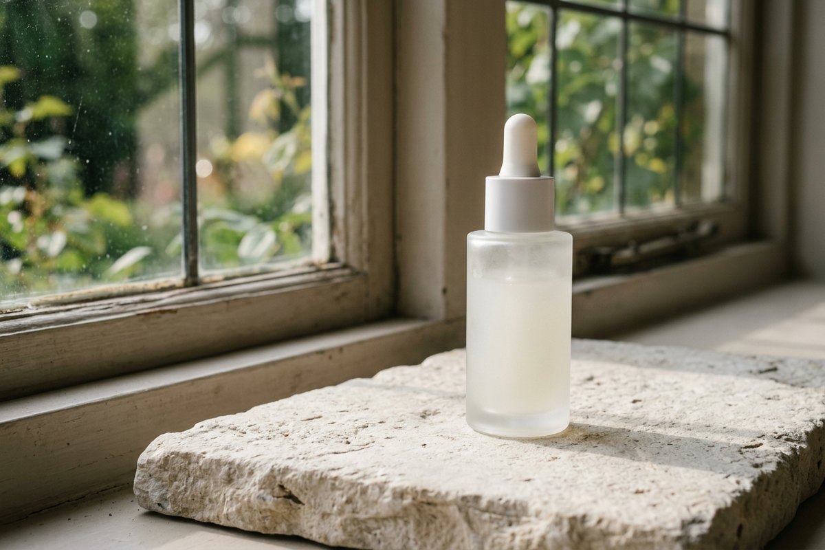 An unlabelled frosted glass dropper bottle on a rough pale stone slab beside a window