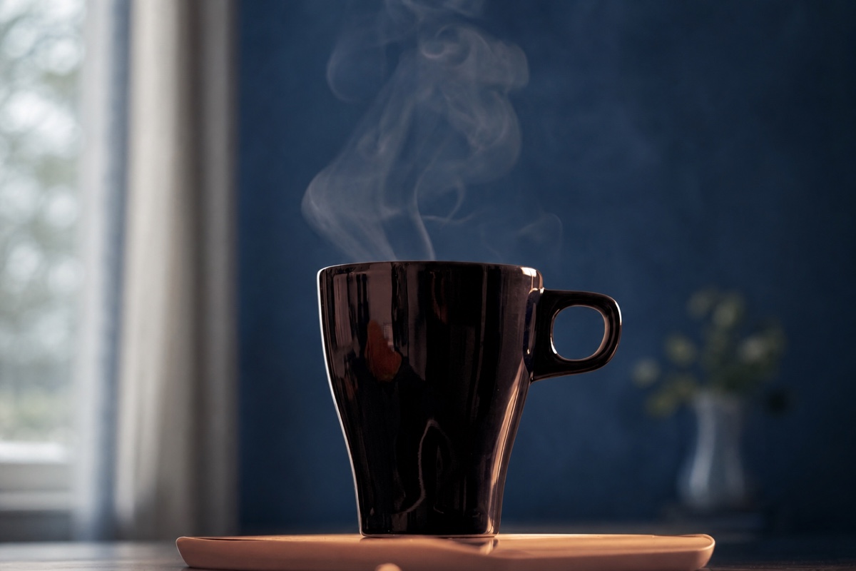 The same black mug and saucer in a cool blue reading nook, the steam still rising