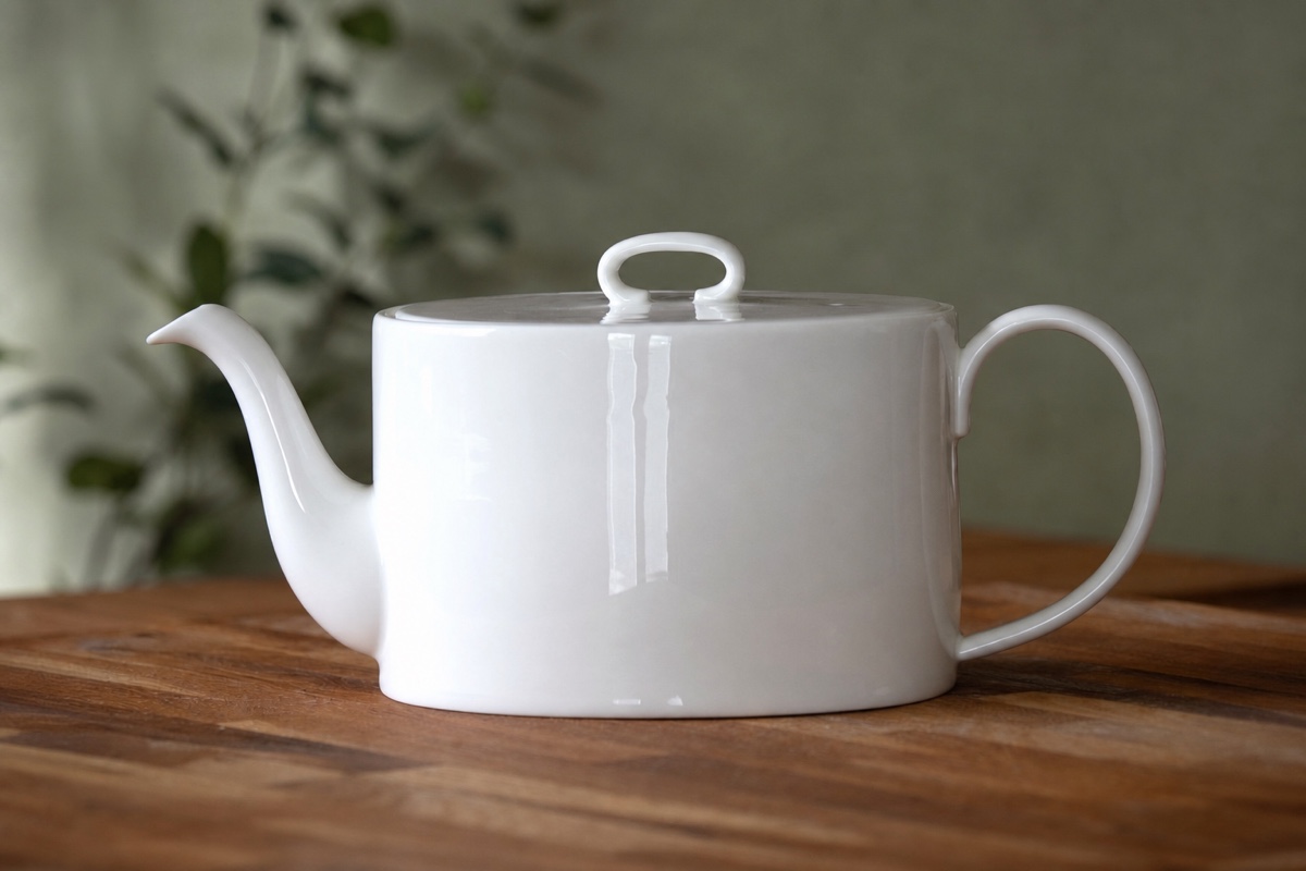 The same teapot on the same table, the kitchen replaced by a softly lit sage-green dining room