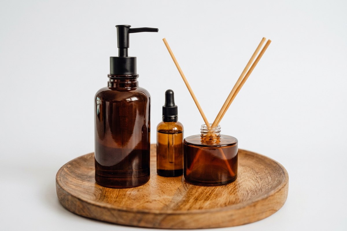 The same bottles and tray on a plain white studio backdrop, a soft shadow under the wood