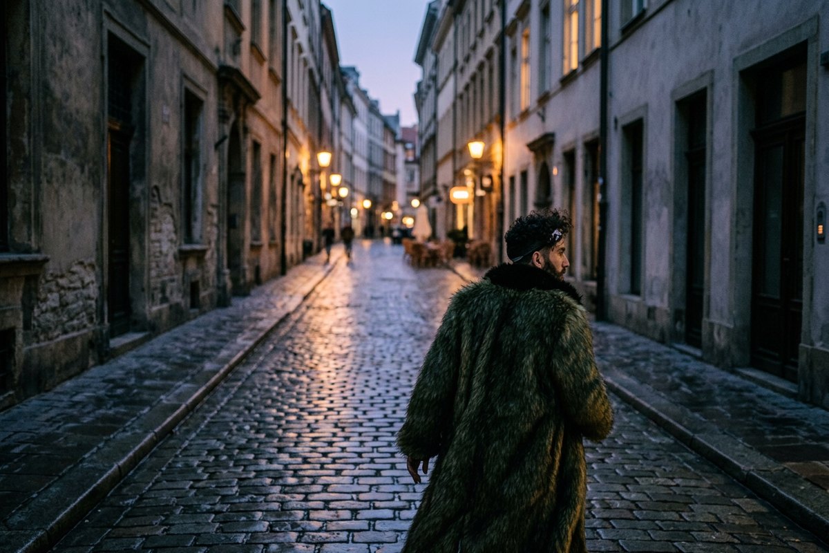 The same man in the same coat on a wet cobbled street at dusk, lamps reflected in the stones