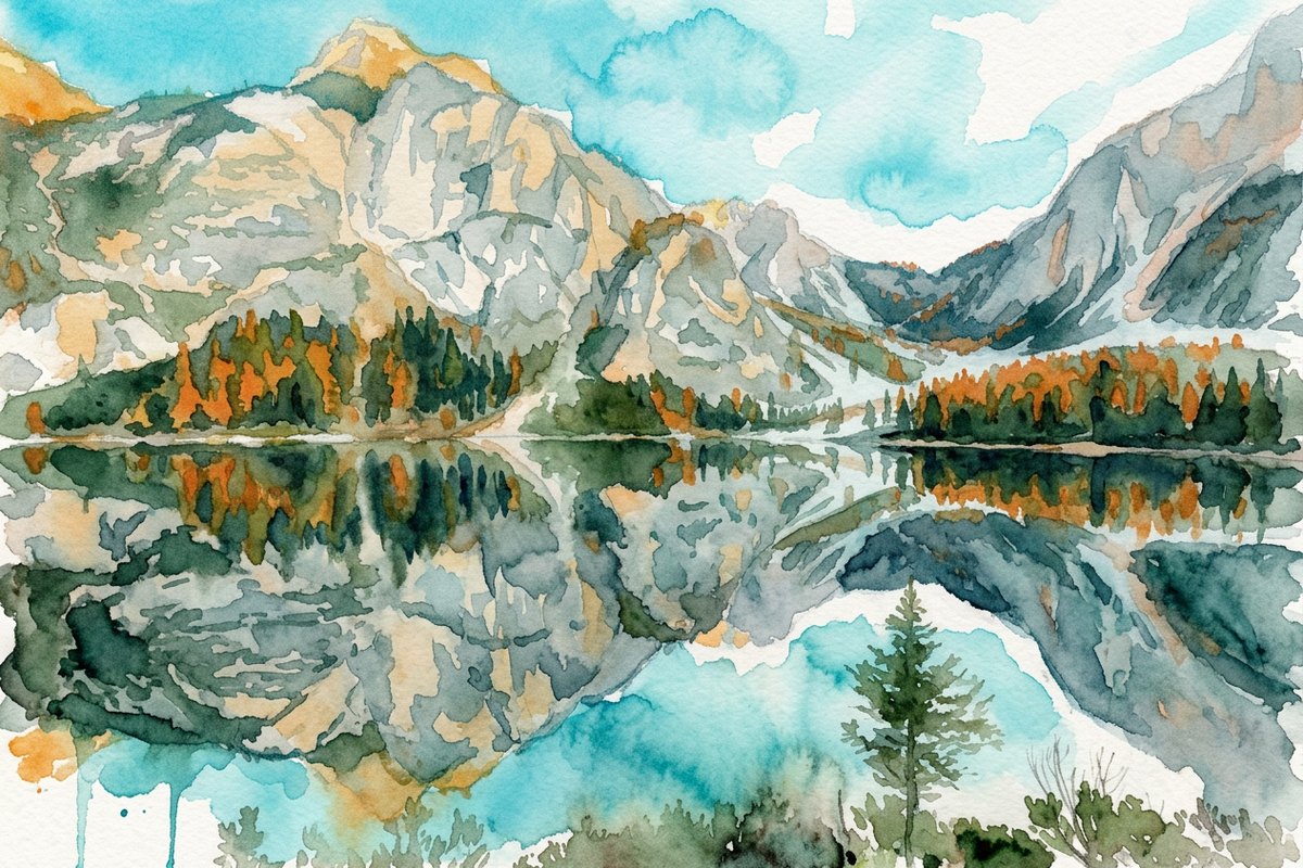 The same lake and mountain as a loose watercolour, the reflection painted in wet brushstrokes