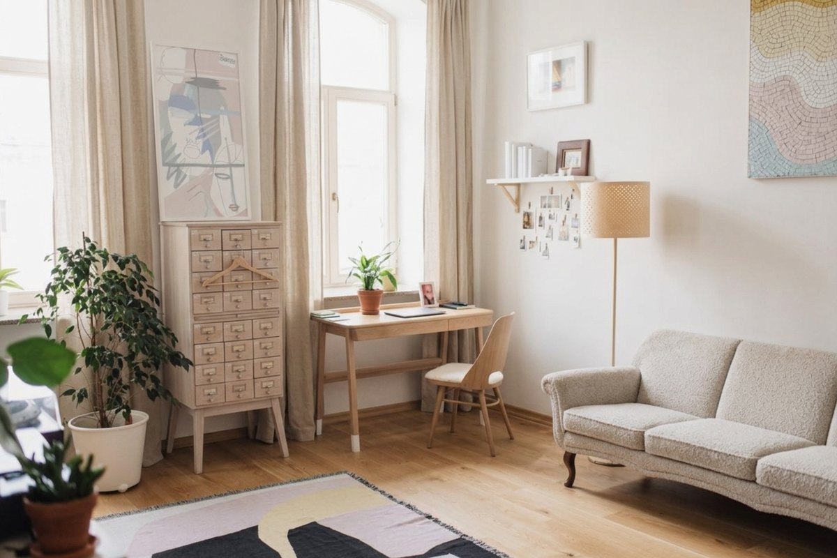 The same room in pale wood and cream, every piece of furniture in place and the canvas redrawn as a pale line drawing