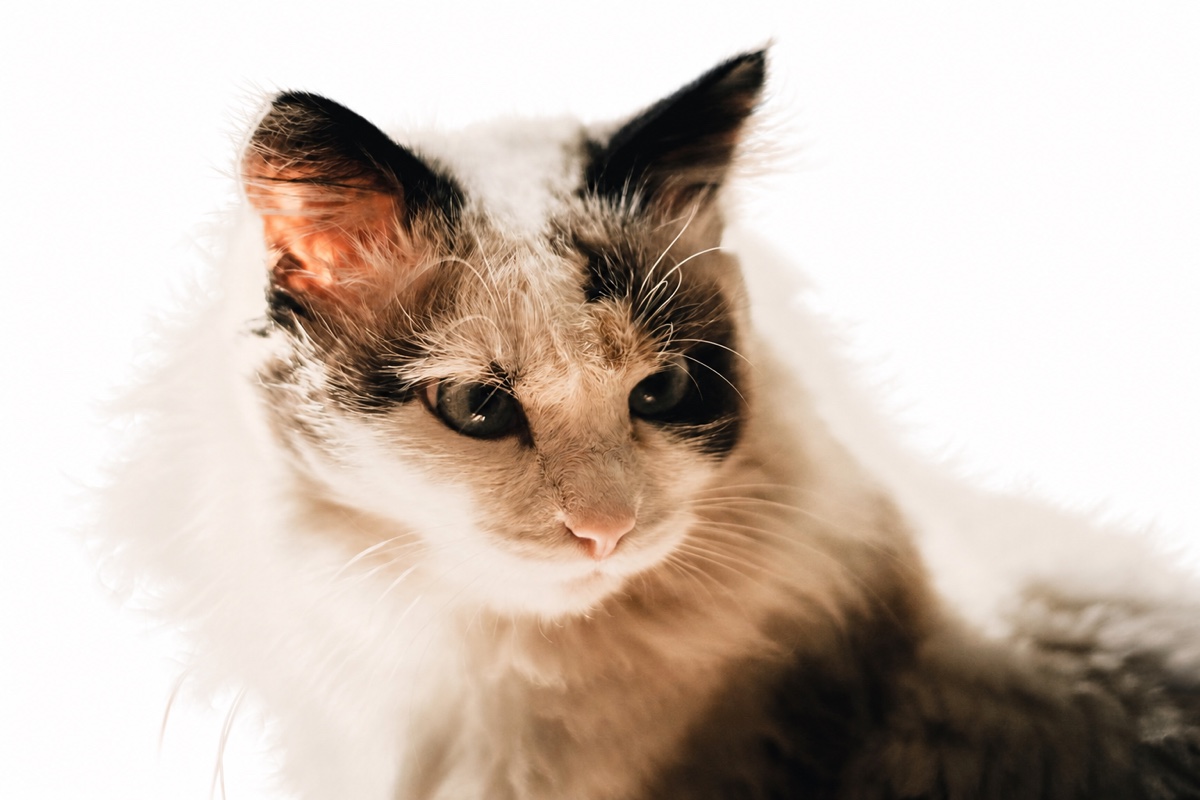 The same cat on plain white, the wispy fur and the whiskers at the edges intact