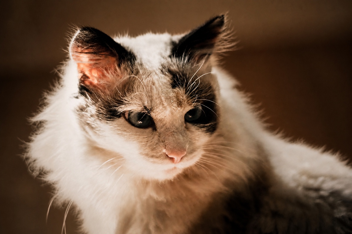 A long-haired cat backlit against a dark room, its coat rimmed with light