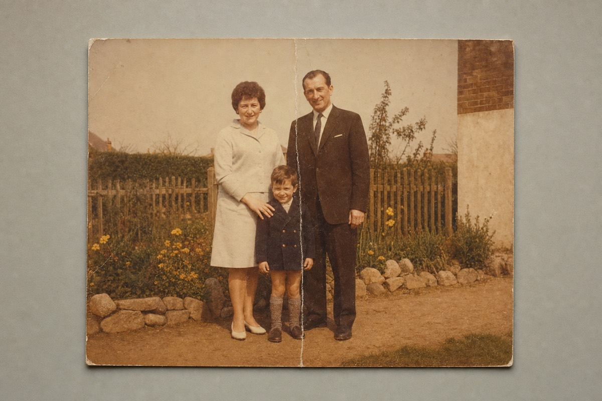 A 1960s family photograph with a crease down the middle and a yellow cast