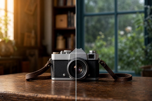 A card split down the middle: the same vintage camera in a warm home study on the left and a rain-lit conservatory on the right