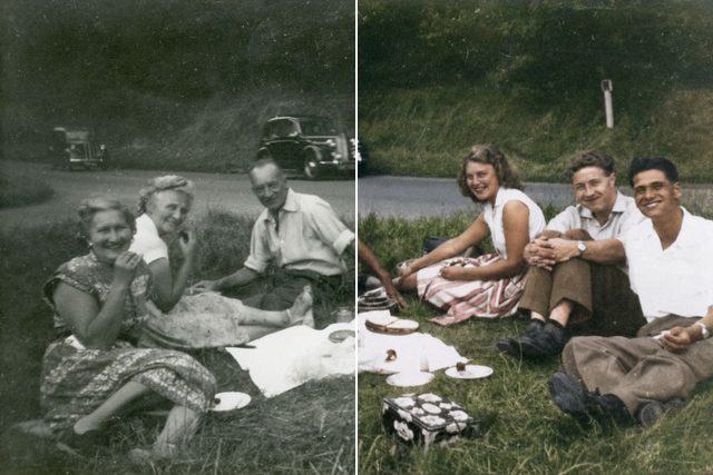 A card split down the middle: a black and white roadside picnic on the left, the same picnic in natural colour on the right