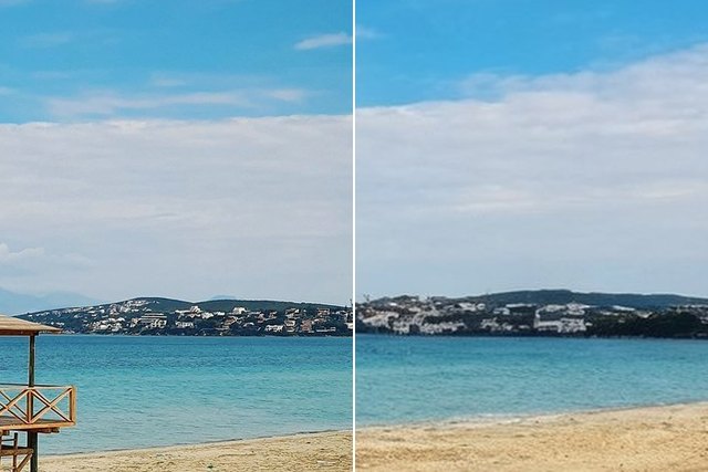 A wide sunlit beach with a wooden lifeguard tower, the right half of the frame space the model added beyond the original photograph