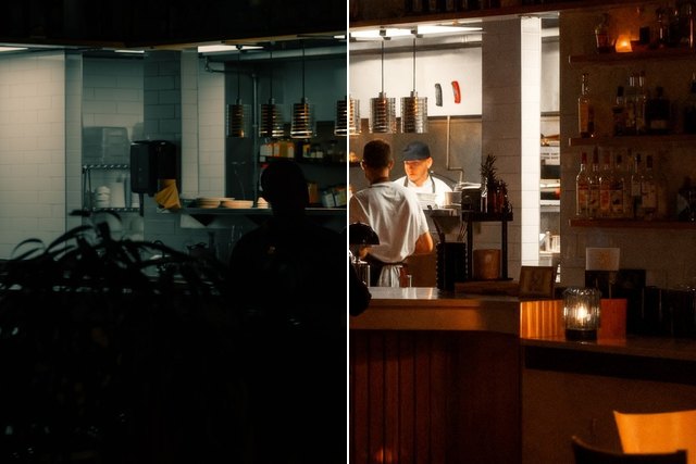 A card split down the middle: a restaurant counter lost in shadow on the left, the same counter with its shadows lifted on the right