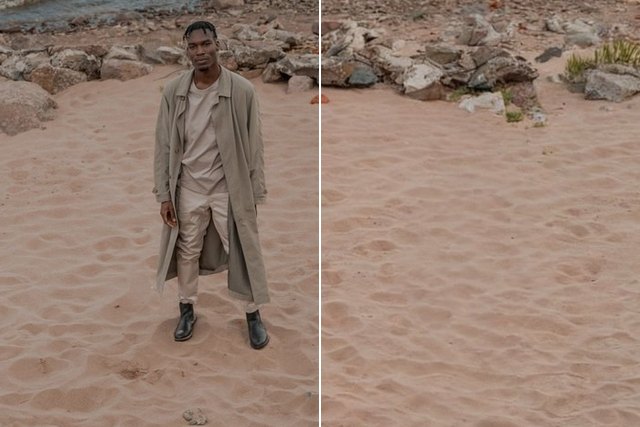 A card split down the middle: a man in a tan coat standing on a sandy shore on the left, the same sand empty where he stood on the right