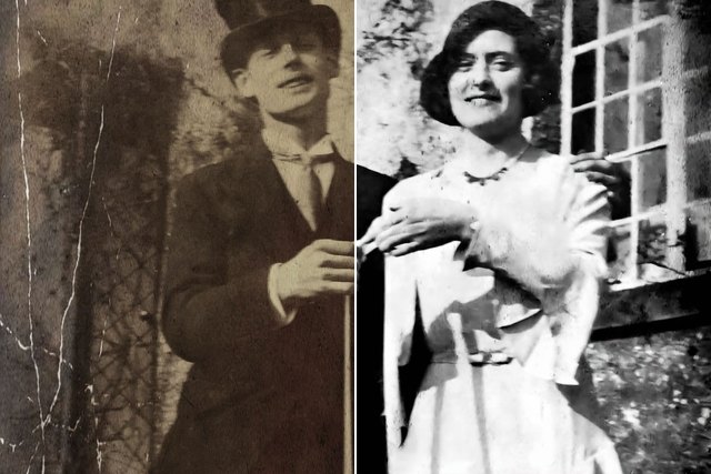 A card split down the middle: a scratched sepia print of a couple on the left, the same print repaired and neutral on the right