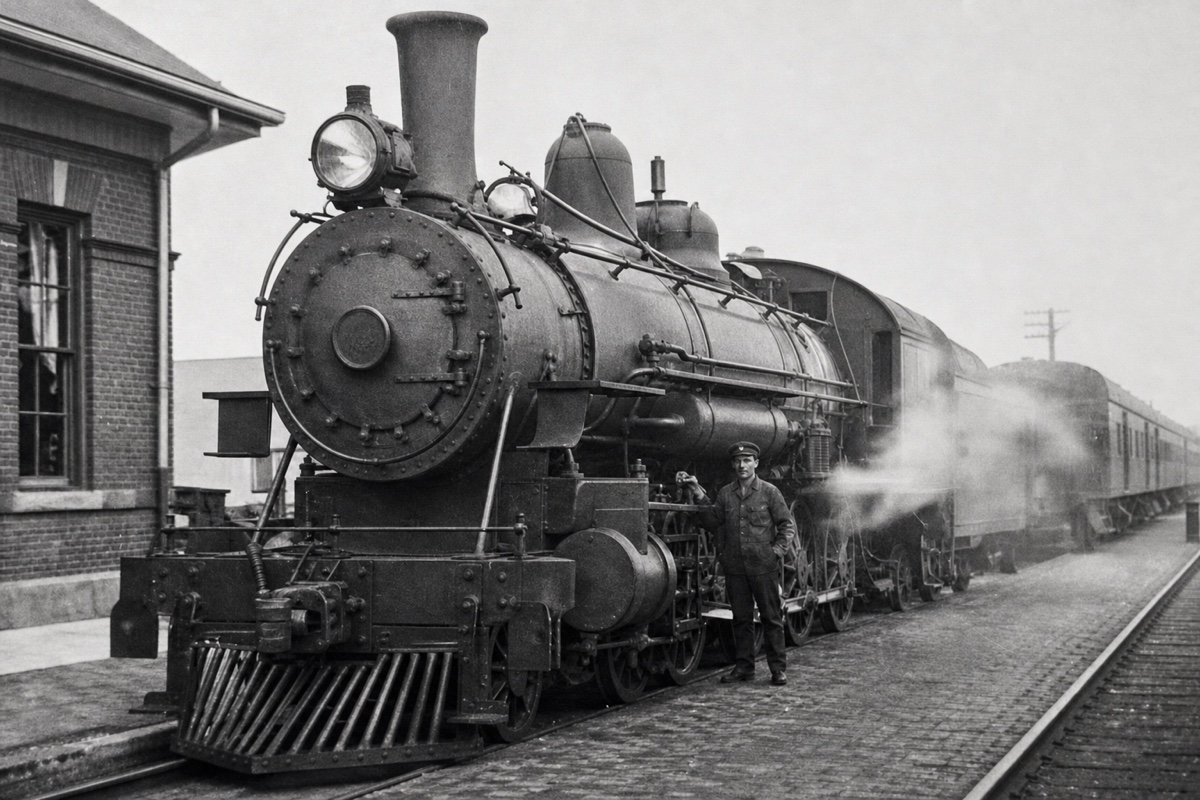 The same locomotive scan upscaled, with rivets, wheels, brick and workwear clarified
