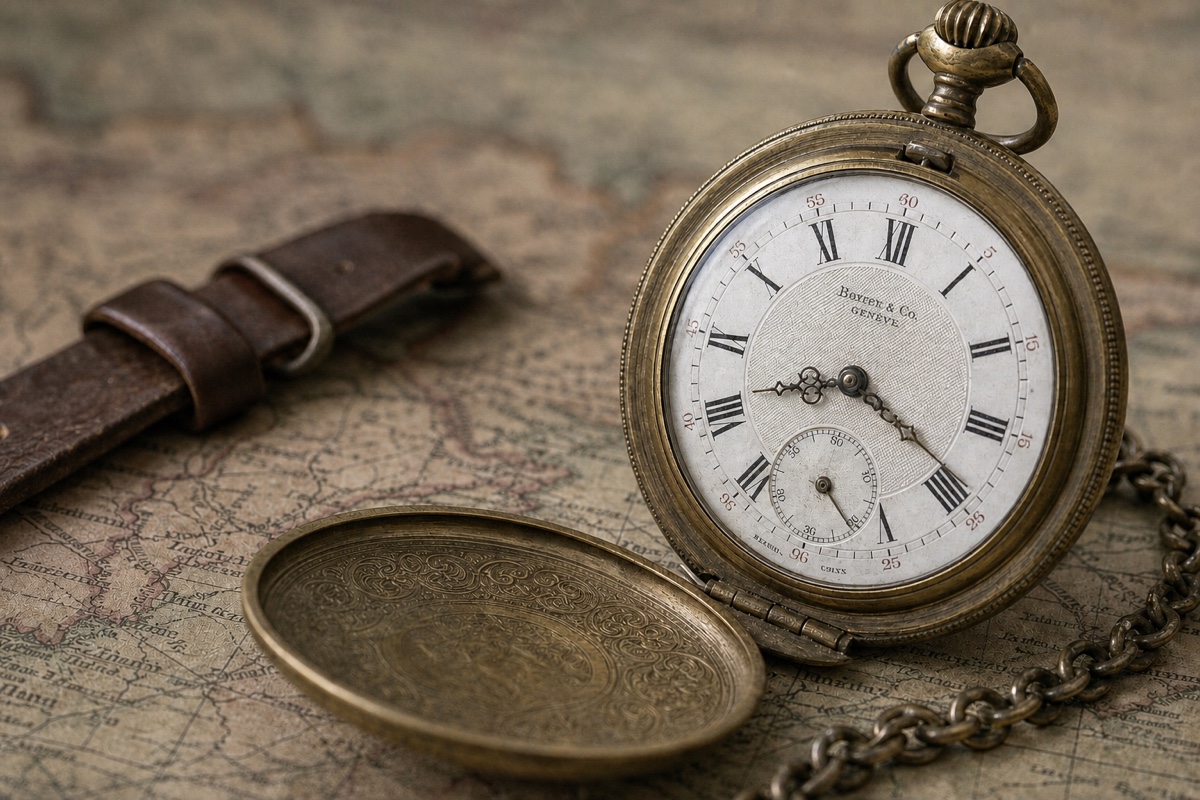 The same watch upscaled, with the dial texture, brass engraving and map fibres made crisp